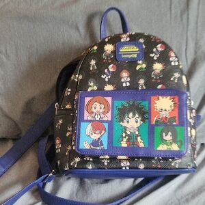 Loungefly Black Backpack with Blue Trim and Multicolor Character Panels